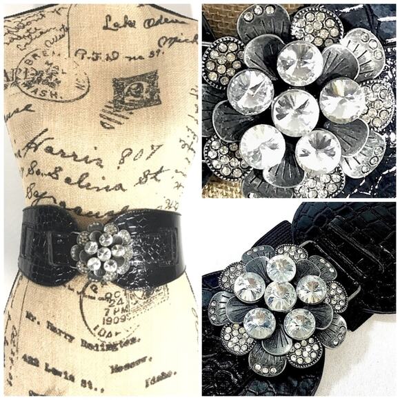 Vintage Black Croc Embossed Rhinestone stretch Belt main image 6
